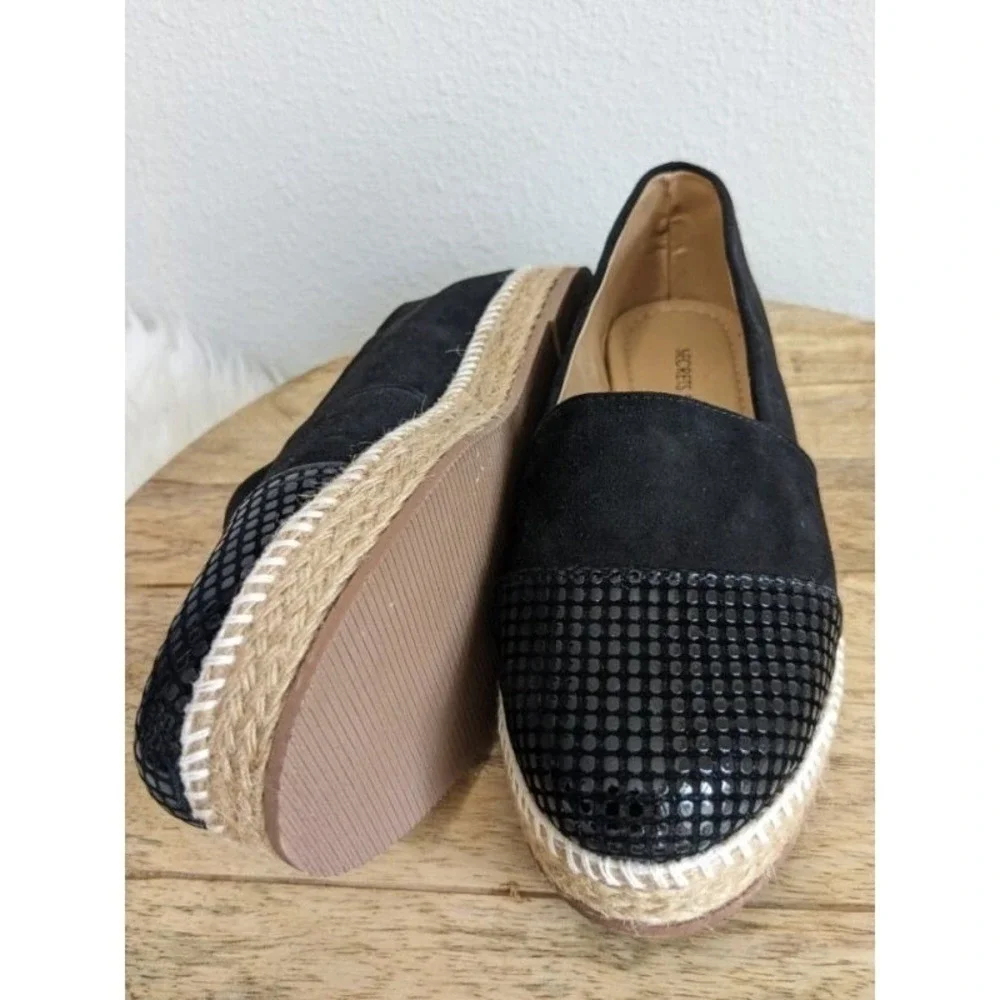 Womens Black Faux Suede Snake 8 Embossed‎ Cap Toe Espadrille Flats Shoes  NEW